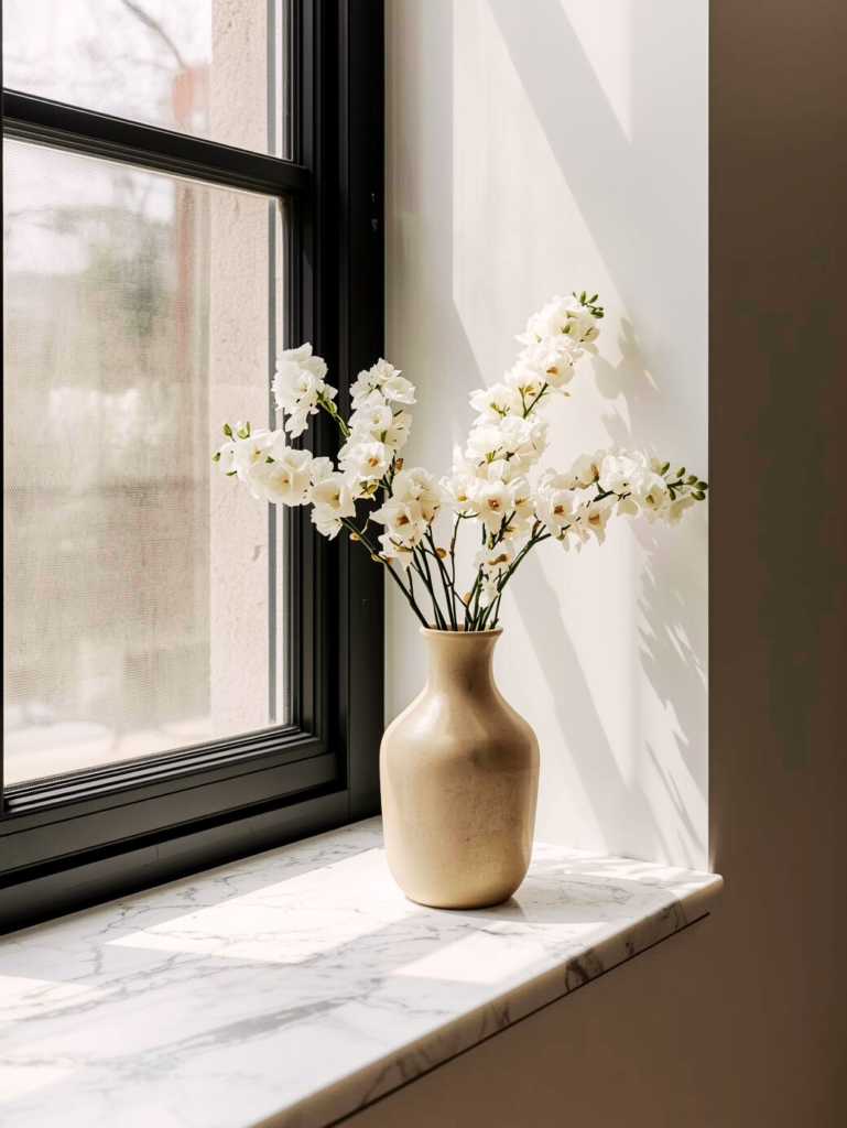 Wazon z białymi kwiatami na parapecie kancelarii adwokackiej Pani Moniki Pabianczyk.